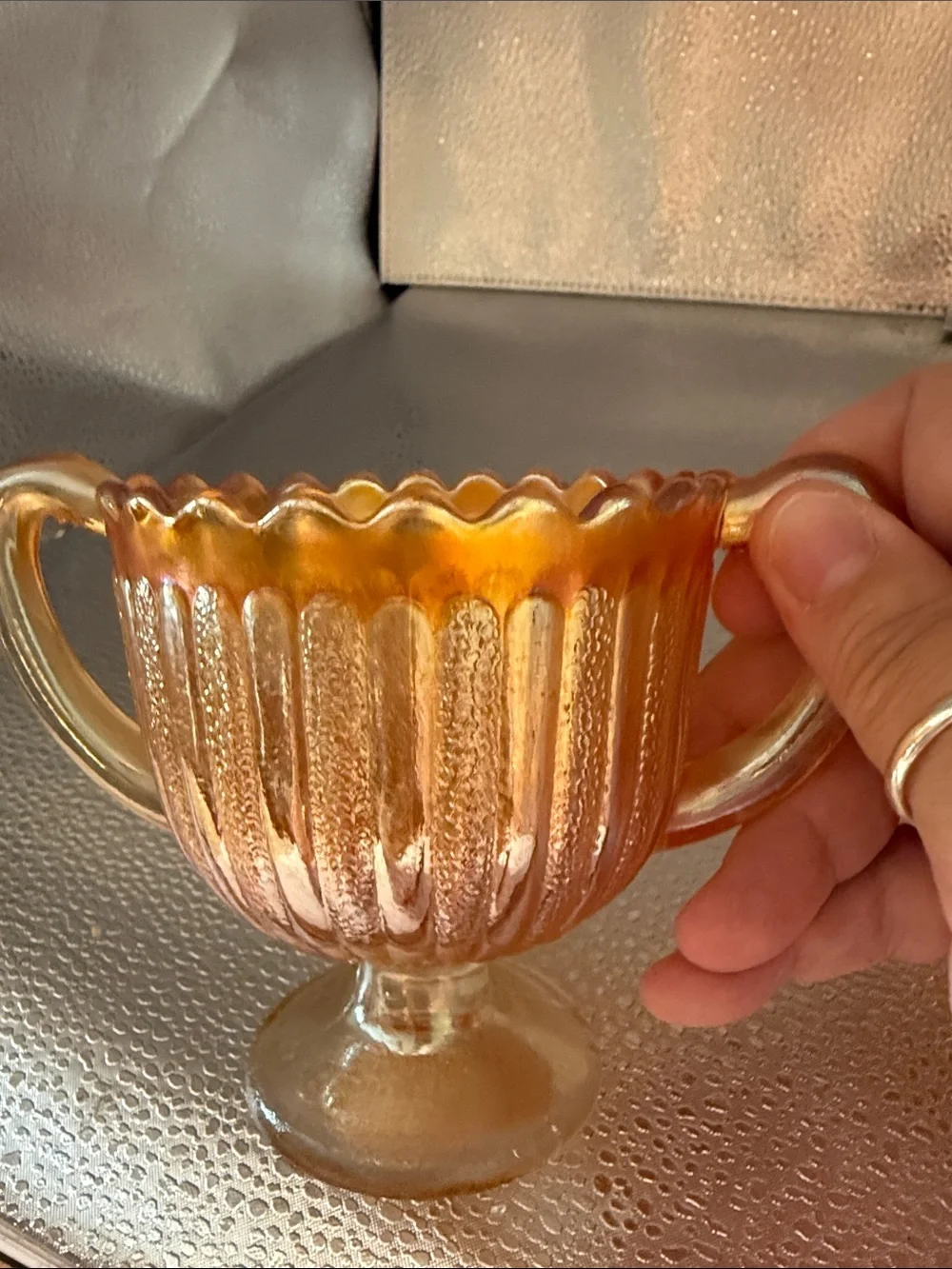 Vintage “Striped Rays” Carnival Glass sugar and creamer set.
